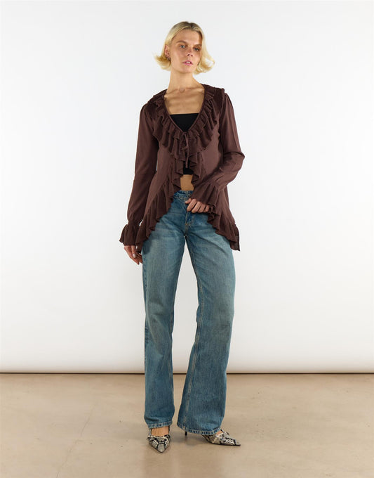 Ruffle Tie Front Top In Brown