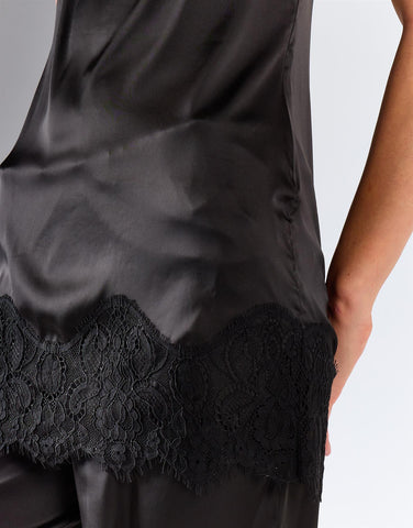 Black Satin Sleeveless Lace-Trim Dress