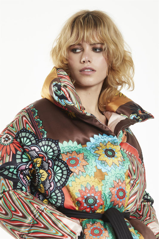 Multi Patchwork Tie Waist Puffer Jacket