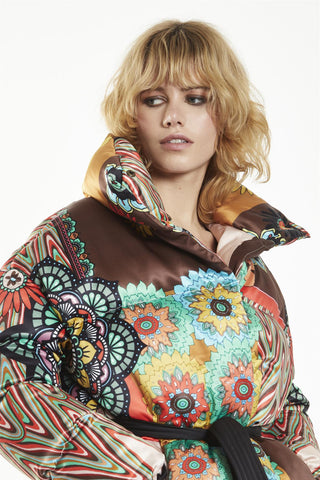 Multi Patchwork Tie Waist Puffer Jacket