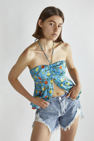 Blue Lemon-Print Halter-Neck Top