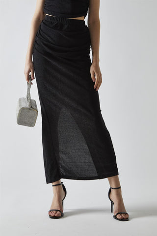 Black-Glitter Ruched Midaxi-Skirt