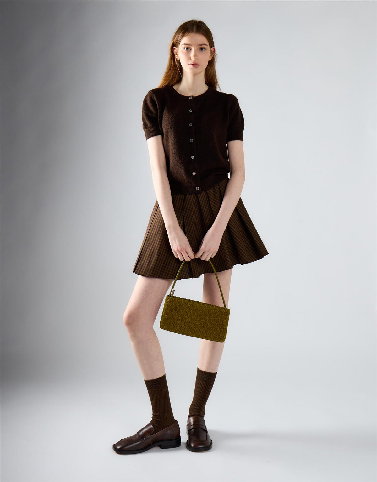 Khaki Brown Check Pleated Mini Skirt