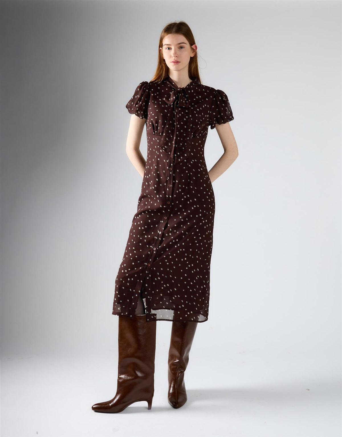 Brown-Cream Spot Tie Neck Midi Dress