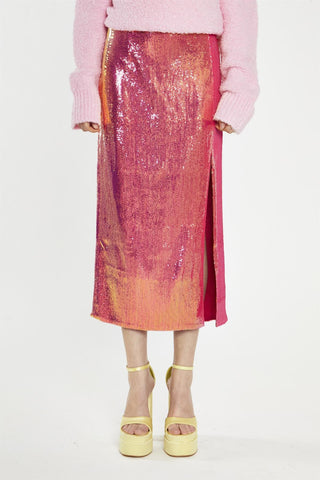 Pink-Gold Sequin Side-Split Midi-Skirt