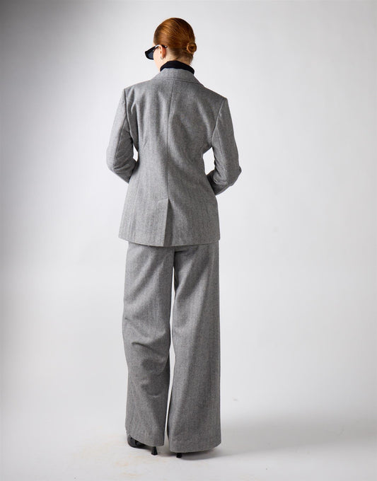Grey Herringbone Wide Leg Suit Trousers