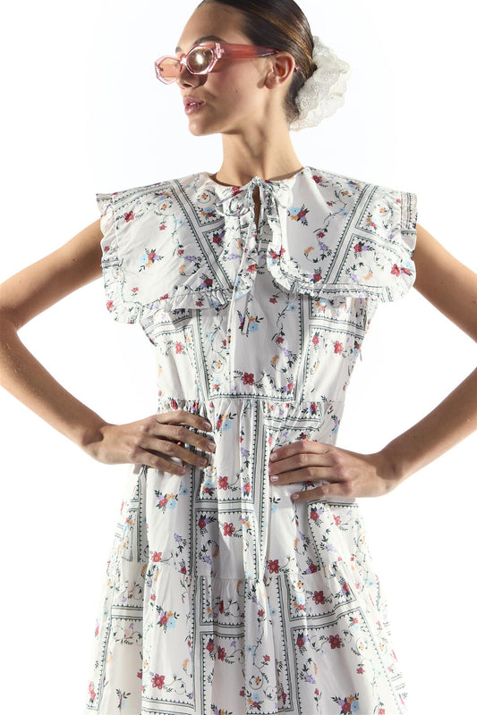 White Picnic Print Oversized Collar Tiered Midi Dress