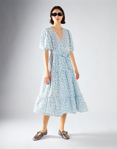Blue Bud Floral Wrap V-Neck Midi Dress