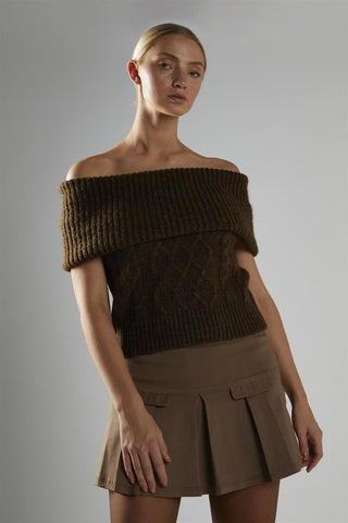Dark-Brown Bardot-Cable-Knit Jumper