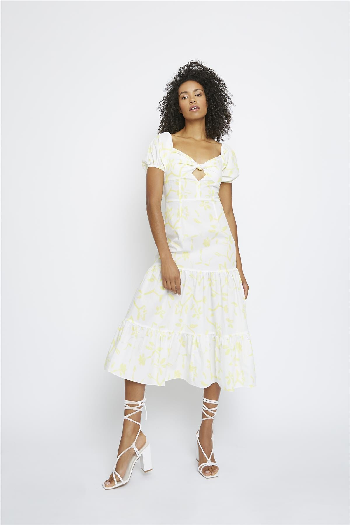Yellow-Brushstroke-Flower Tiered Maxi-Dress