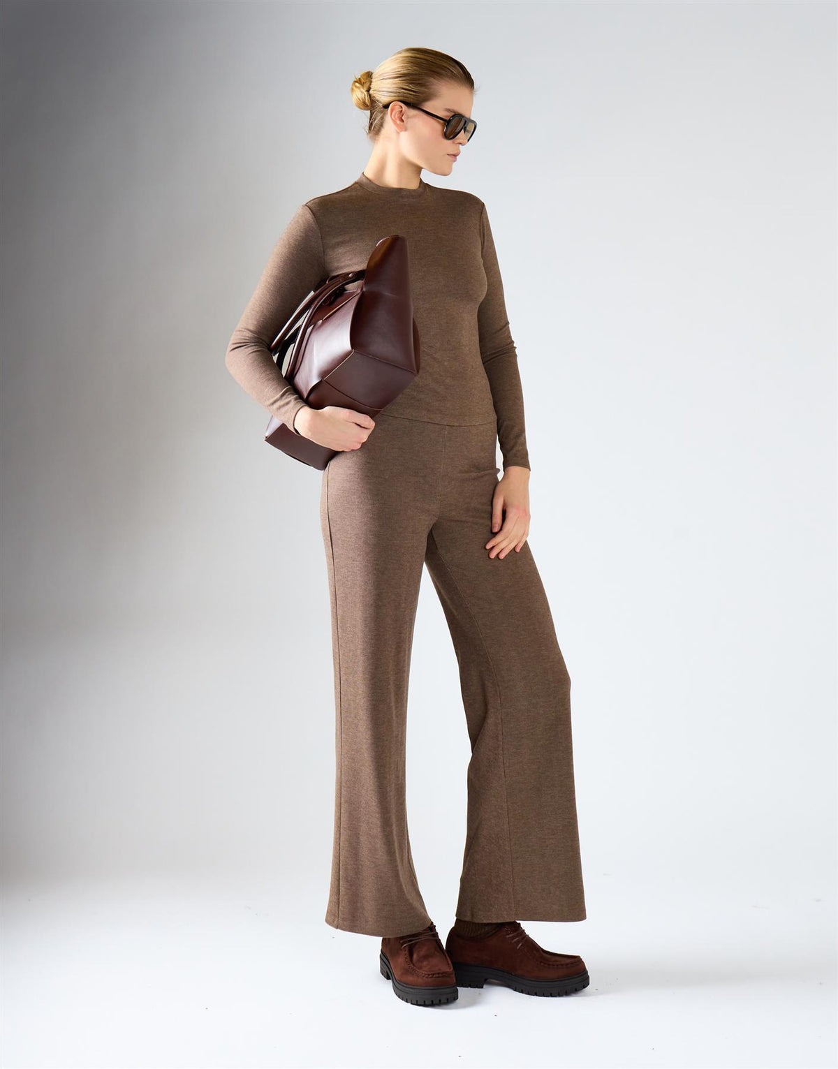 Brown Rib Minimal High-Waist Knit Trousers