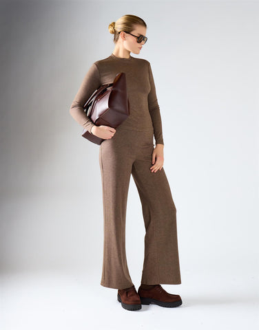 Brown Rib Minimal High-Waist Knit Trousers