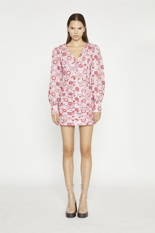 Pink Red Vintage Floral  V-Neck Mini-Dress