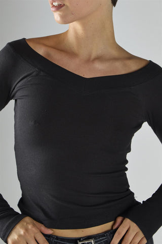 Black Wide-V-Neck-Ribbed Long sleeve-Top