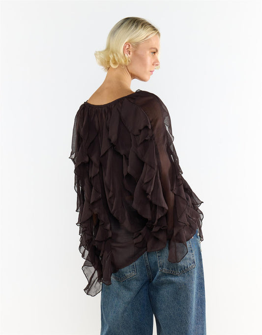 V Neck Ruffle Details Blouse - Deep Brown