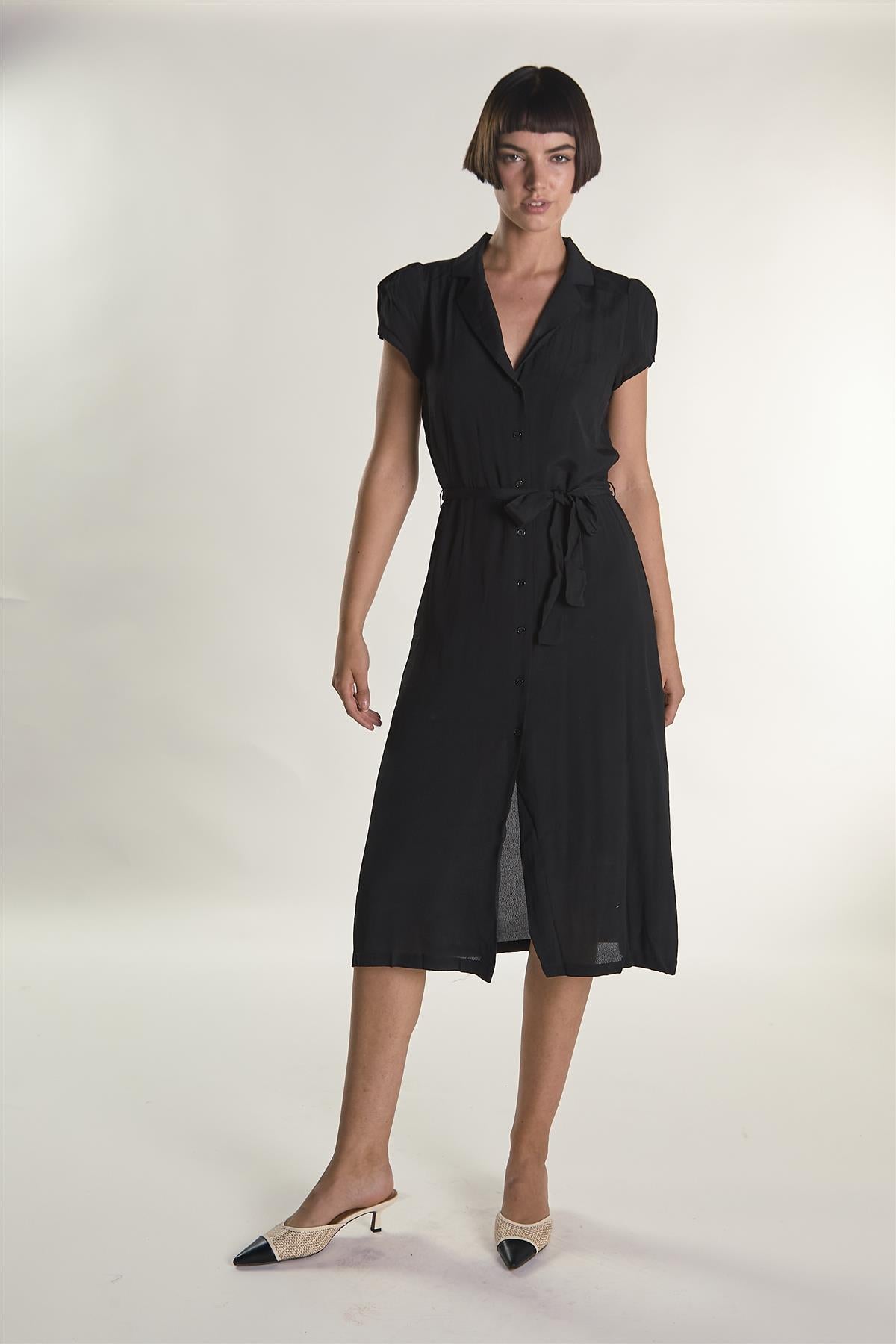 Black Short-Sleeve-Button-Front-Wrap Midi-Dress