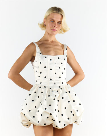 Cream Black Big Spot Square Neck Short Skater Dress