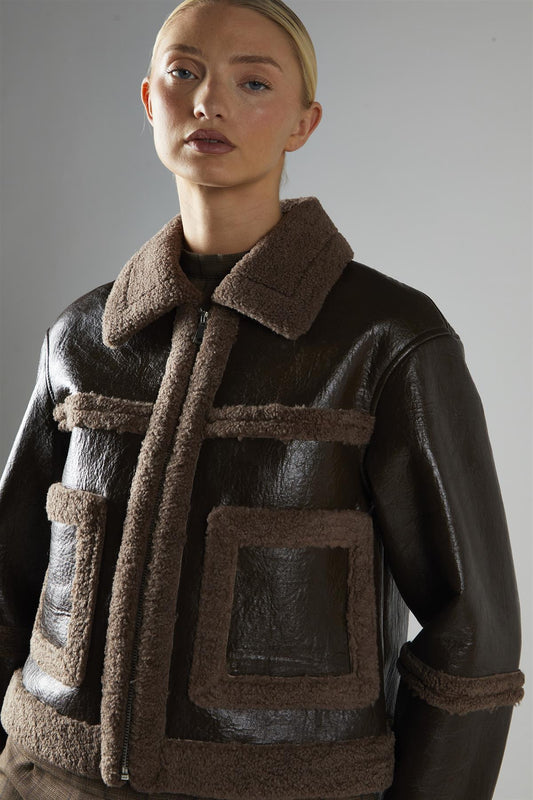 Shearling Crop Coat - Dark Brown