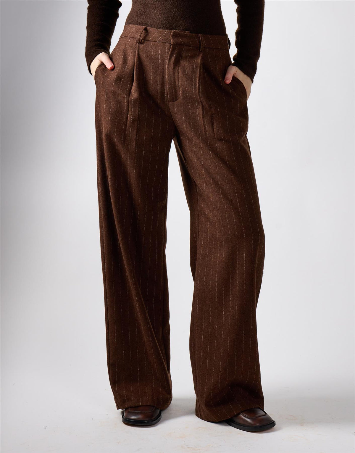 Brown Stripe Pleated Wide-Leg Trousers