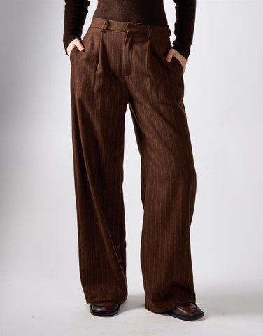 Narrated Brown Stripe Pleated Wide-Leg Trousers
