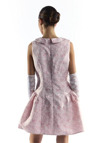 Pink Floral Brocade Collared Mini Dress with Dropped Waist