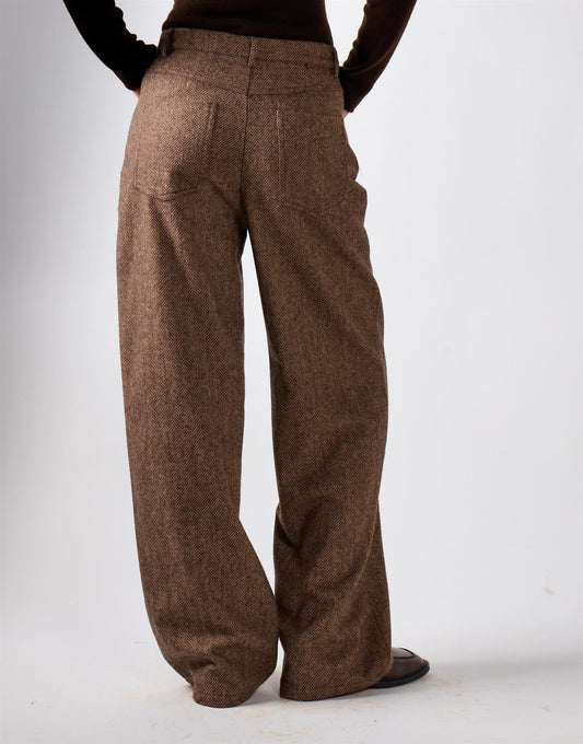 Brown Herringbone Wide Leg Suit Trousers