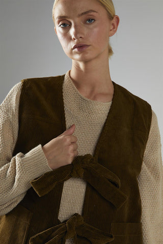 Olive-Brown-Cord Tie-Front Gilet