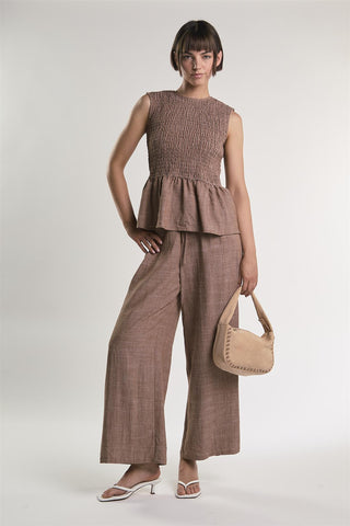 Mid Brown Fleck Smocked Peplum Top