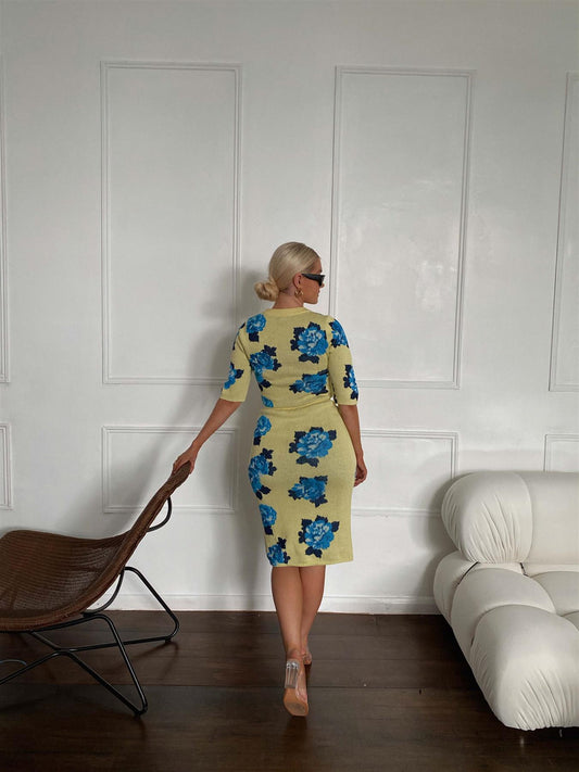 Yellow Blue Rose Bodycon Midi-Skirt