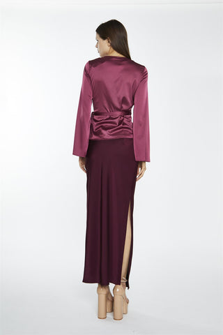 Dark-Raspberry Satin Fluted-Sleeve Wrap-Top