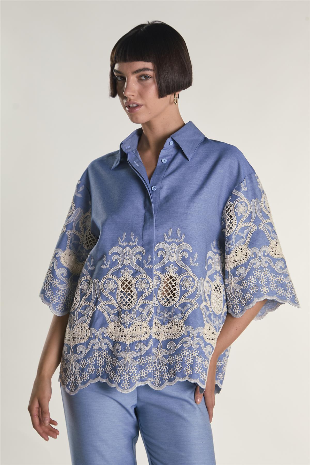 Embroidered Chambray Cropped Shirt