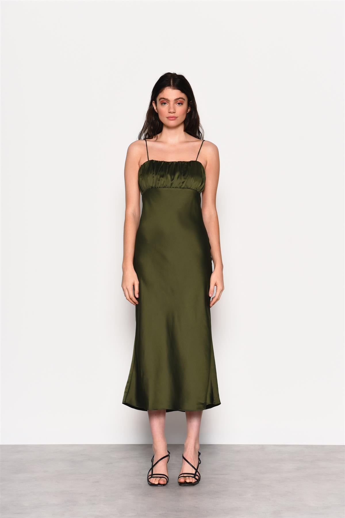 Forest Green Satin Open Tie Back Maxi Dress