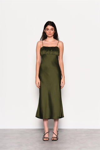 Forest Green Satin Open Tie Back Maxi Dress