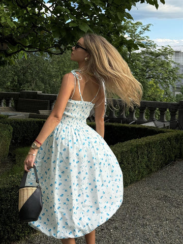White Teal Blue Ditsy Spaghetti Strap Midi Dress