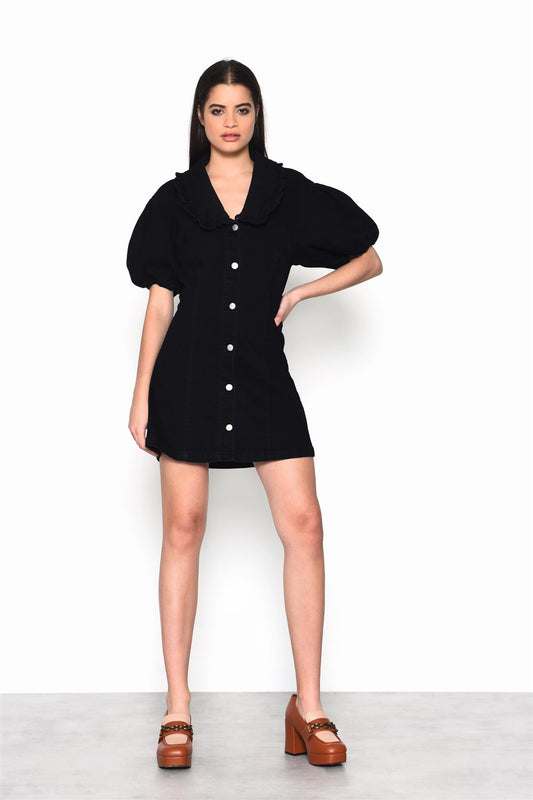 Black V-Neck Button Front Mini-Dress
