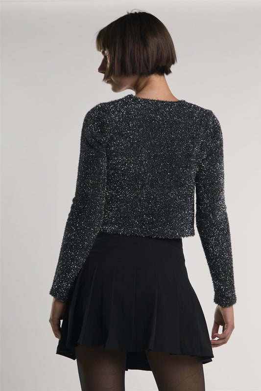 Black-Silver-Tinsel Long-Sleeve Crop-Top