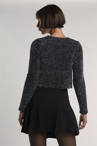 Black-Silver-Tinsel Long-Sleeve Crop-Top