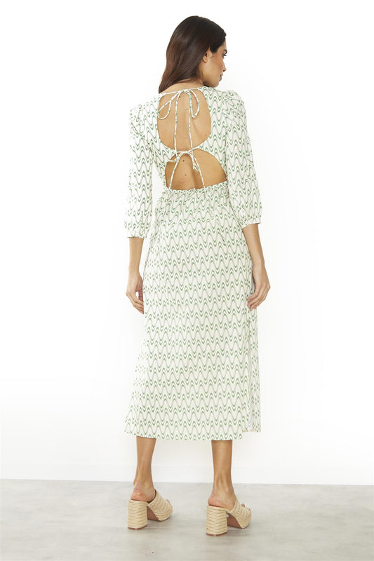 Green Retro Wave Tie-Back Midi-Dress