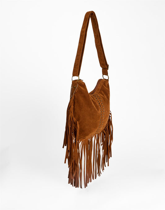 Tan Fringe Whipstitch Hobo Bag