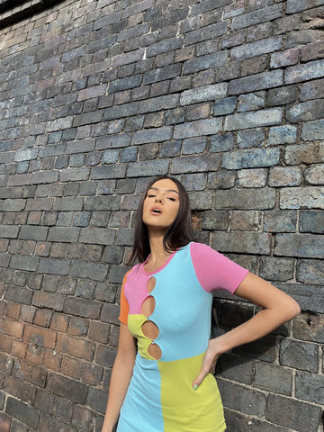Multicolour-Patchwork Cut-Out-Bodycon Mini-Dress