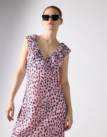 Lilac Dalmatian Print Ruffle Maxi Dress