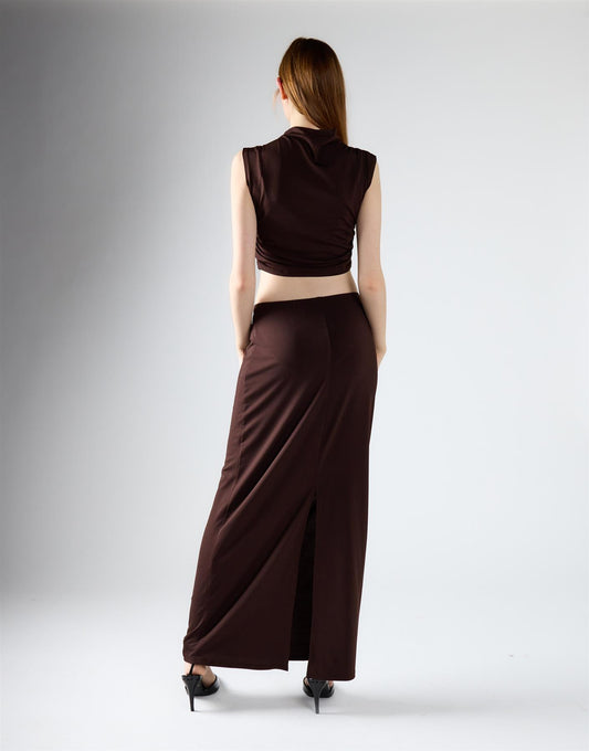 Brown Low-Waist Column Maxi Skirt