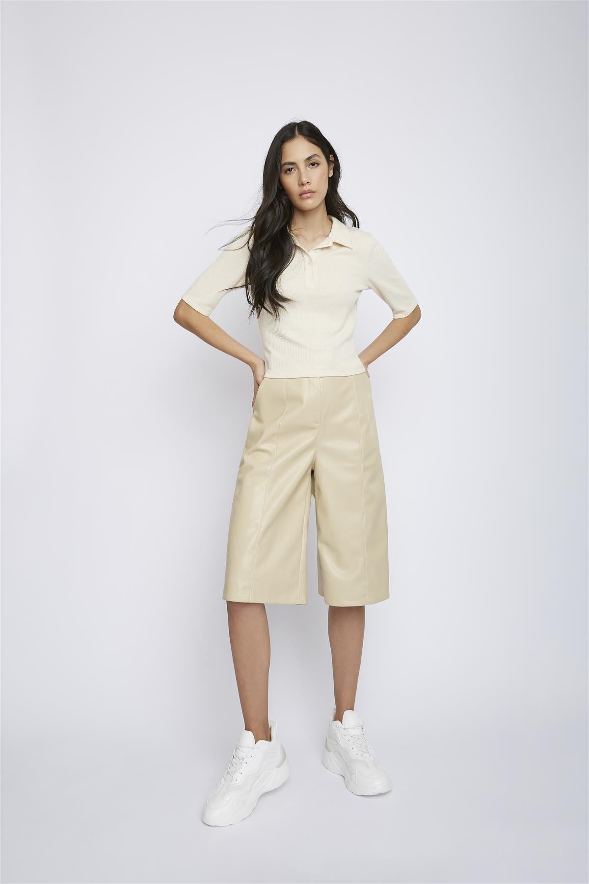 Dark-Cream Fitted-Button-Up-Polo-Top