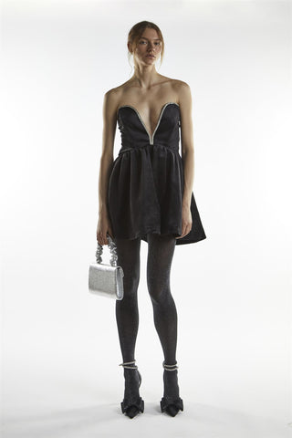 Black Plunge Rhinestone Trim Mini-Dress