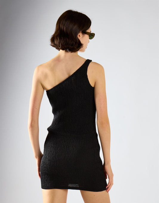 One Shoulder Crinkle Mini Dress - Black