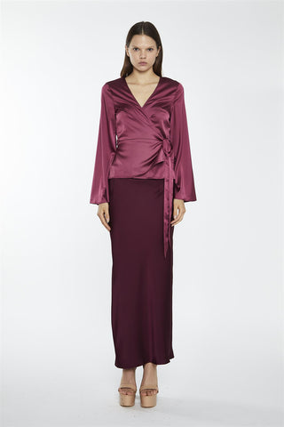 Dark-Raspberry Satin Fluted-Sleeve Wrap-Top