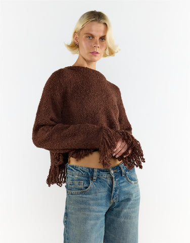 Chocolate Brown Fringe Trim Long Sleeve Jumper