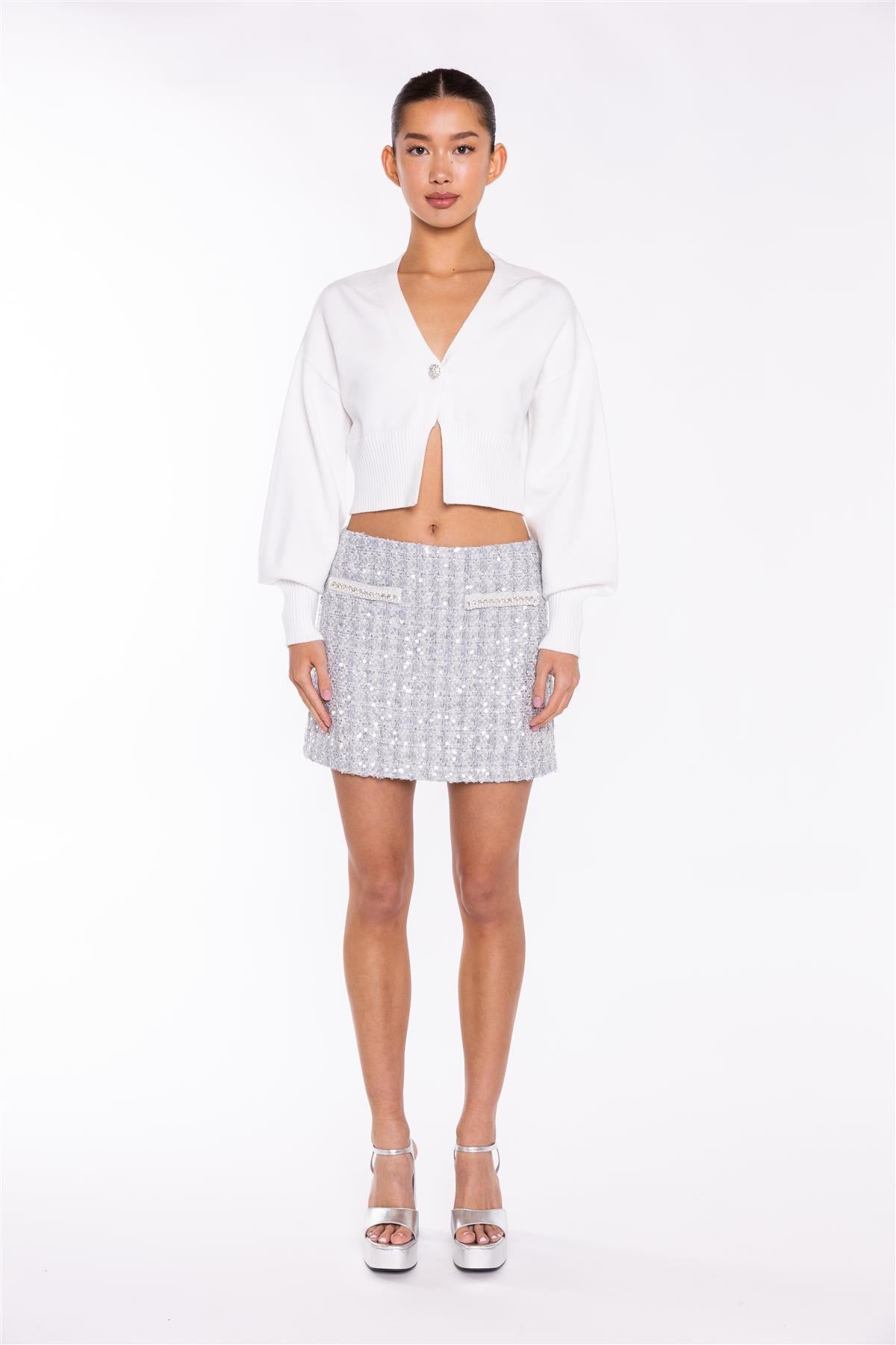 Off White Rhinestone Button Cropped Cardigan