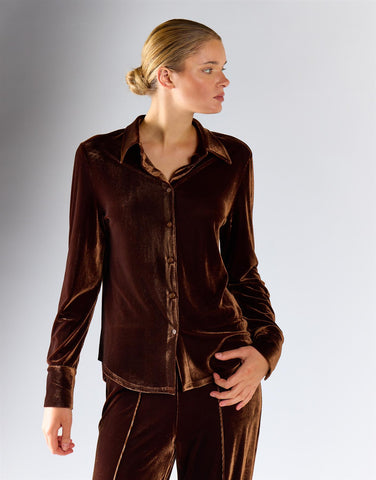Brown Velvet Long Sleeves Button-Down Shirt