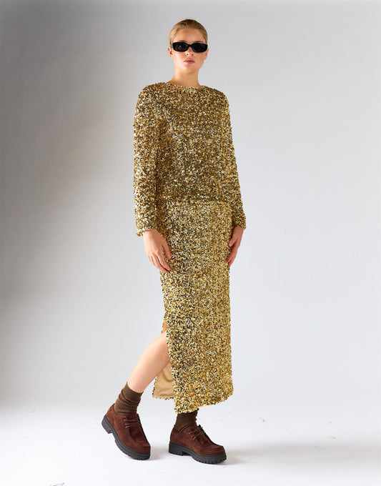 Gold Sequin Back-Keyhole Long-Sleeves Top